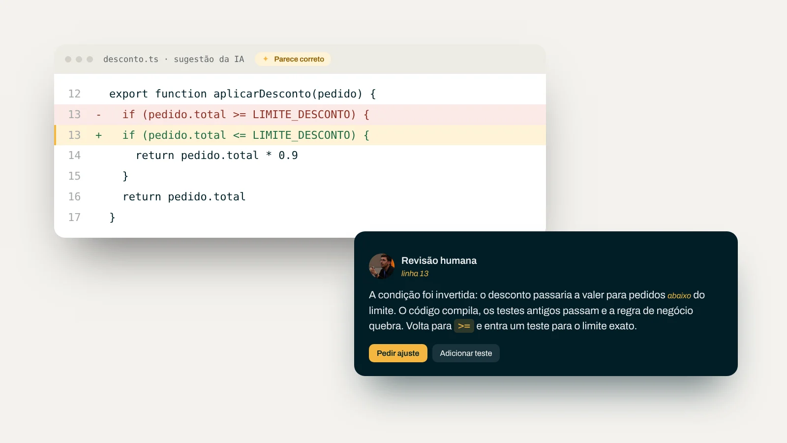 Revisão de código: a sugestão da IA inverteu uma condição de desconto; o revisor aponta o erro e pede um teste para o limite exato.