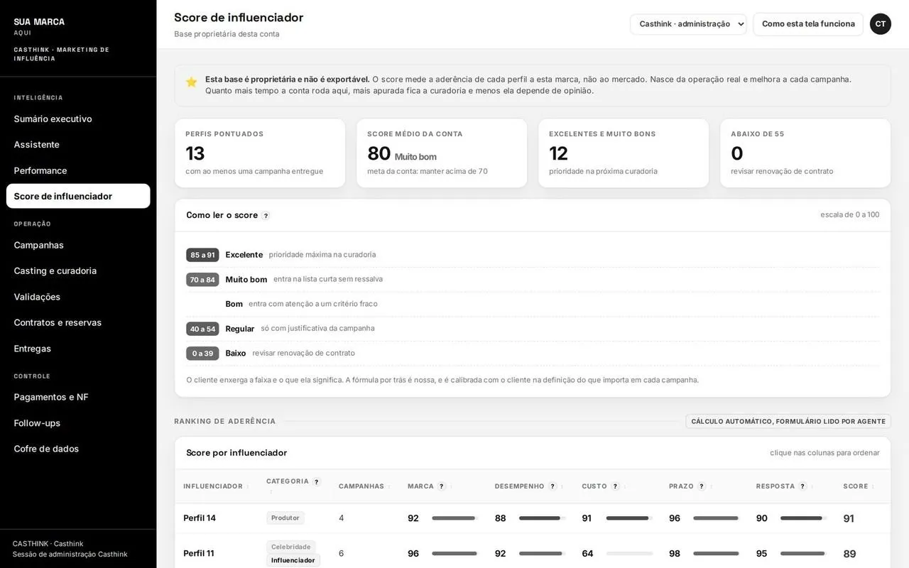 Tela de score de influenciador do sistema do Casthink, com dados ilustrativos