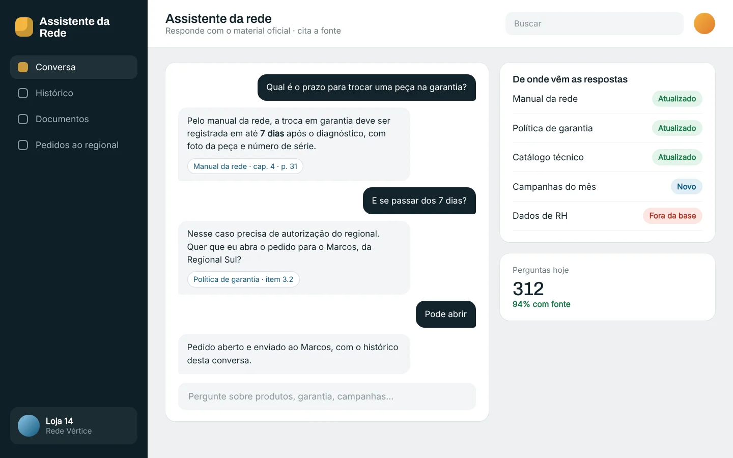 Tela ilustrativa: Assistente da rede, com fonte em cada resposta