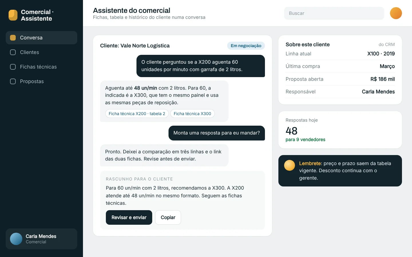 Tela ilustrativa: Assistente do comercial, com ficha e CRM