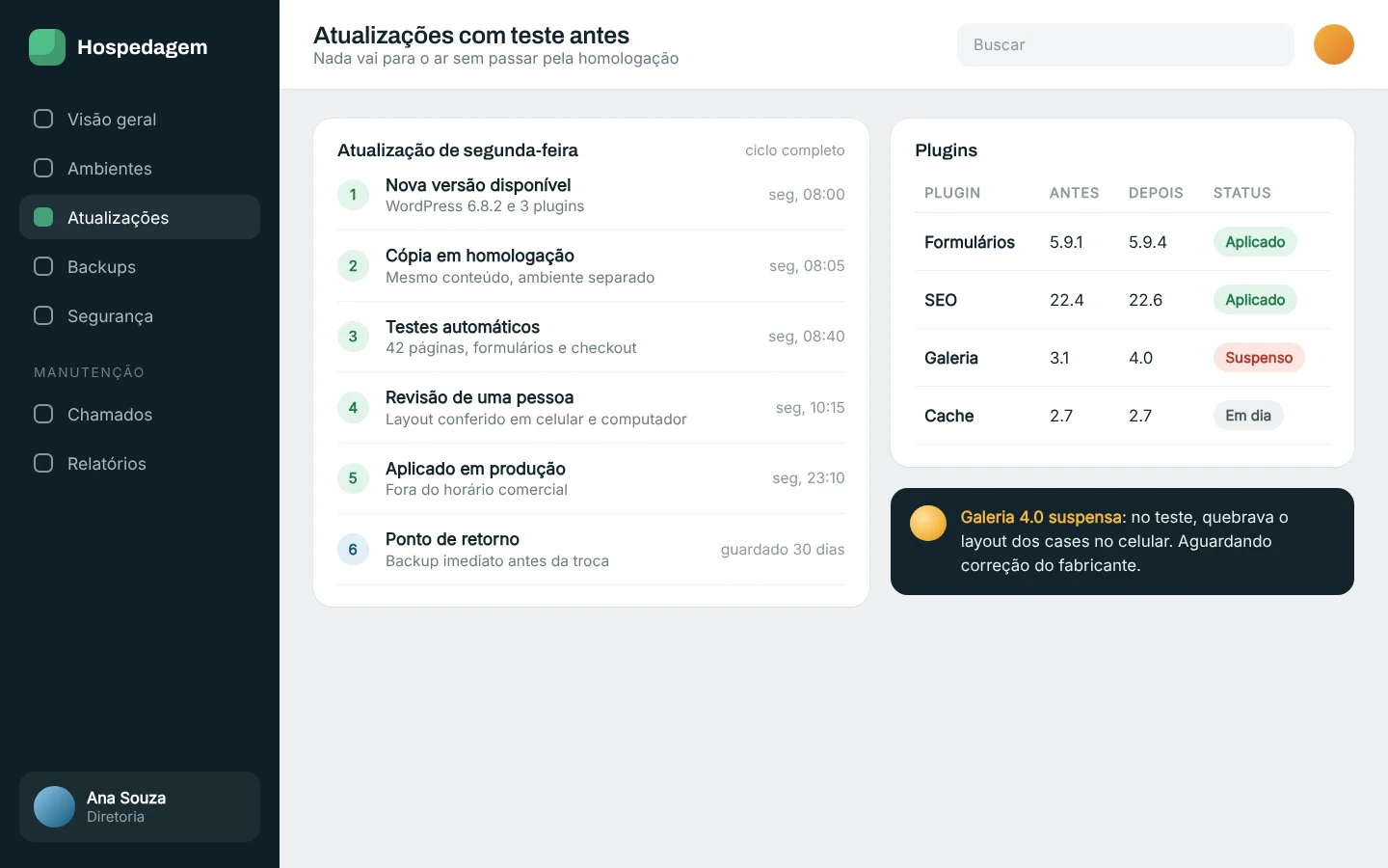 Tela ilustrativa: Atualizações com teste antes