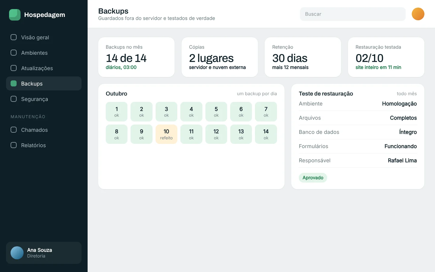 Tela ilustrativa: Backups diários, restauração testada