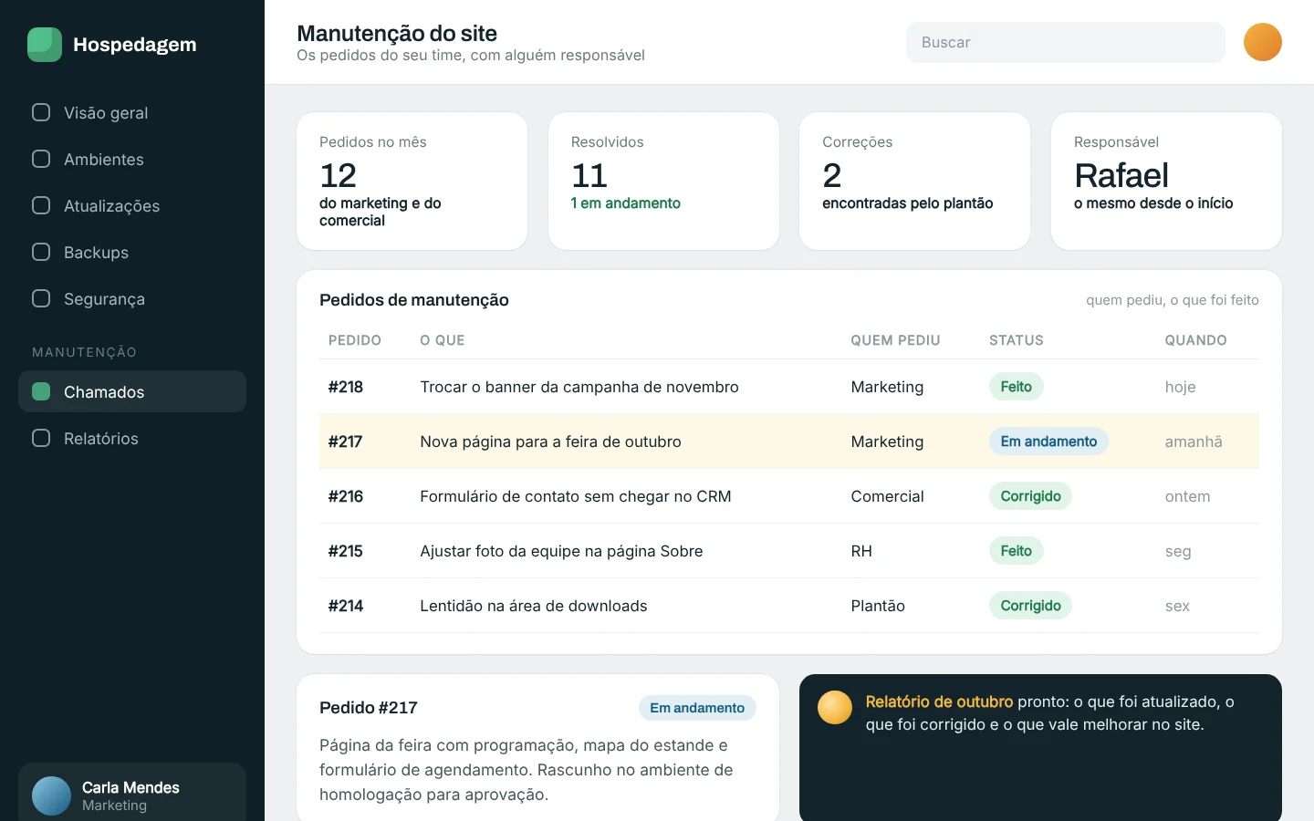 Tela ilustrativa: Os pedidos do seu time, com responsável