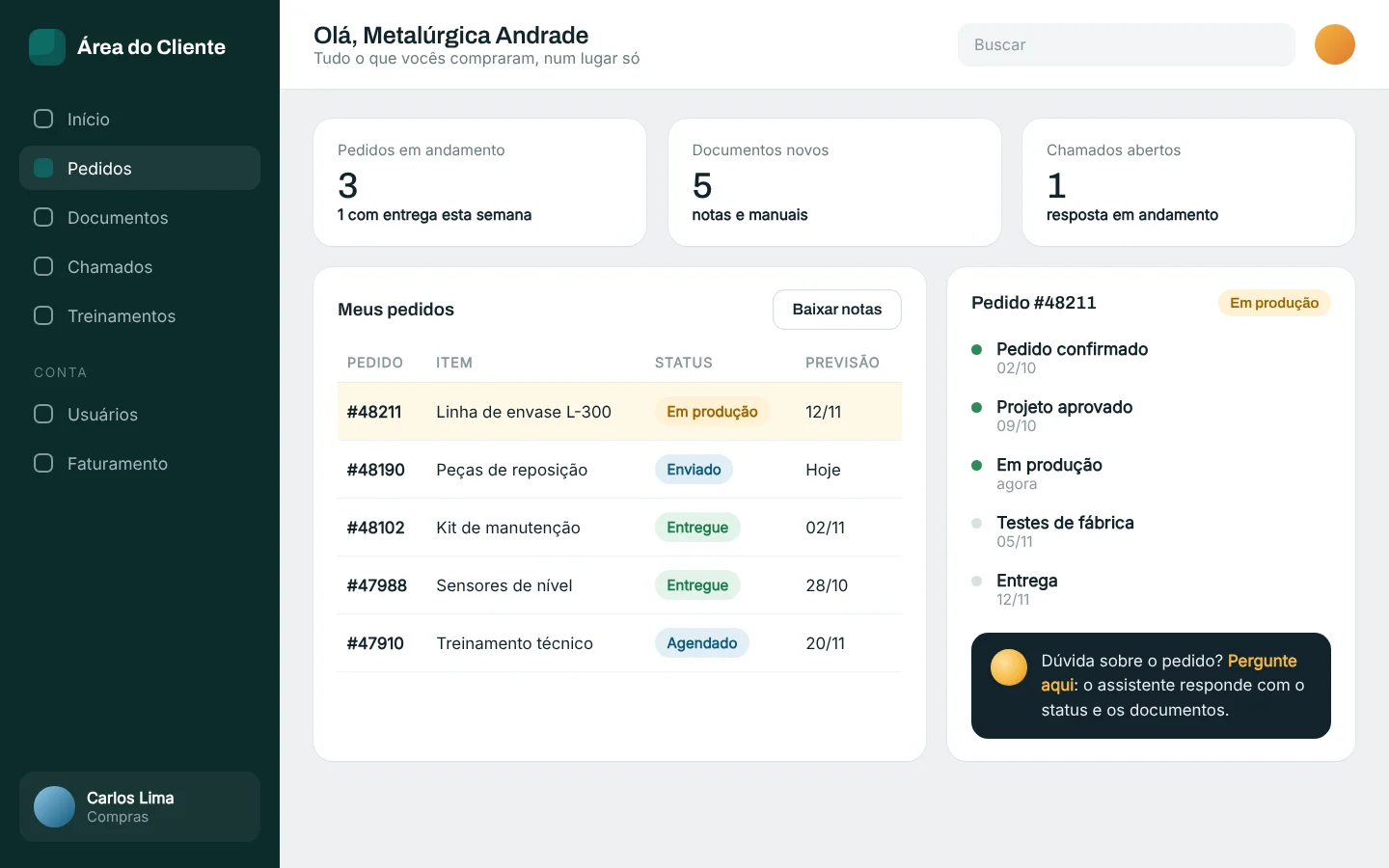Tela ilustrativa: Área do cliente B2B