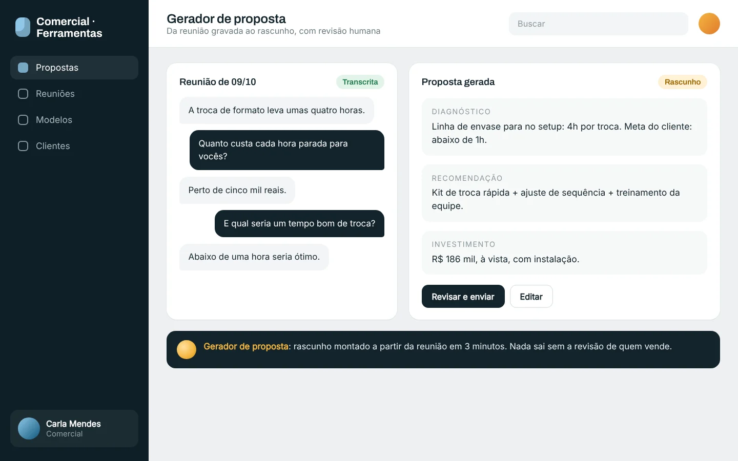 Tela ilustrativa: Gerador de proposta a partir da reunião